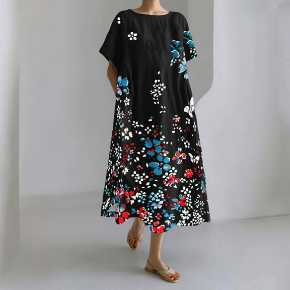 Women's Summer Casual Crew Neck New Women's Round Neck Casual Loose Print Medium Long Sleeved Dress Black XXXXXL