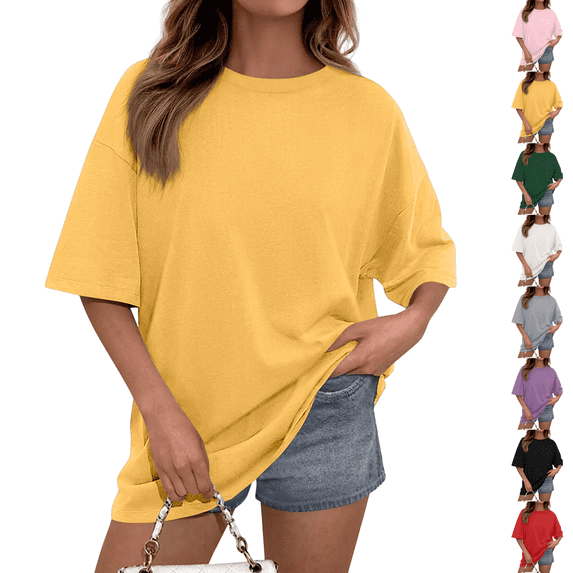 Women's Summer Casual Crewneck Batwing Half Sleeve T-Shirts Solid Color Loose Fit Cute Basic Flowy Tops Tees Blouses Yellow S