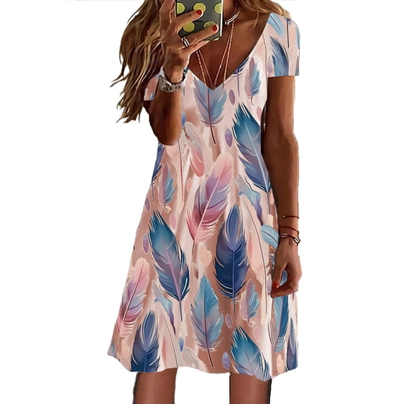 Women's Summer Casual Dress 2025 V Neck Loose Swing with Pockets Boho Beach T Shirt Style Comfortable Flowy Midi Womens Casual Trendy Midi Dresses