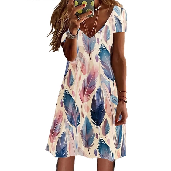 Women's Summer Casual Dress 2025 V Neck Loose Swing with Pockets Boho Beach T Shirt Style Comfortable Flowy Midi Womens Casual Trendy Midi Dresses