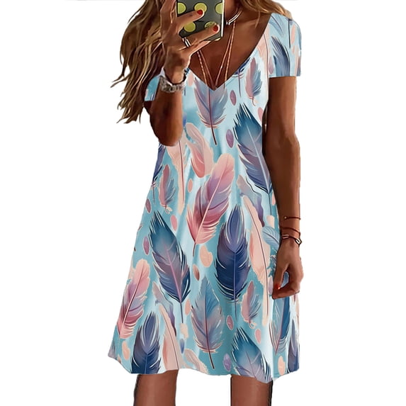 Women's Summer Casual Dress 2025 V Neck Loose Swing with Pockets Boho Beach T Shirt Style Comfortable Flowy Midi Womens Casual Trendy Midi Dresses