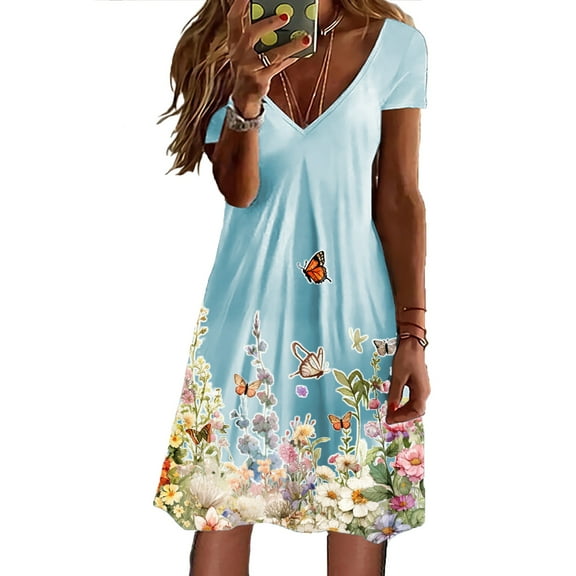 Women's Summer Casual Dress 2025 V Neck Loose Swing with Pockets Floral Print Bohemian Style Comfortable Flowy Womens Casual Trendy Midi Dresses