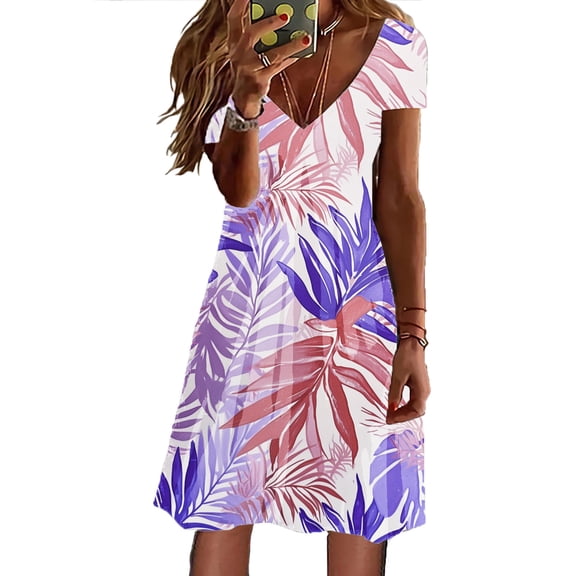 Women's Summer Casual Dress 2025 V Neck Short Sleeve Loose Swing with Pockets Flowy Comfortable Beach Cover Up Tunic Womens Casual Trendy Midi Dresses