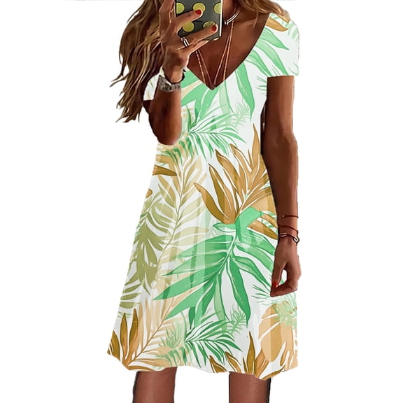 Women's Summer Casual Dress 2025 V Neck Short Sleeve Loose Swing with Pockets Flowy Comfortable Beach Cover Up Tunic Womens Casual Trendy Midi Dresses