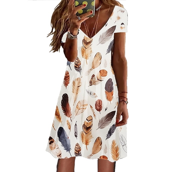 Women's Summer Casual Dress 2025 V Neck Short Sleeve Loose Swing with Pockets Floral Plain Print Beach Boho Womens Casual Trendy Midi Dresses