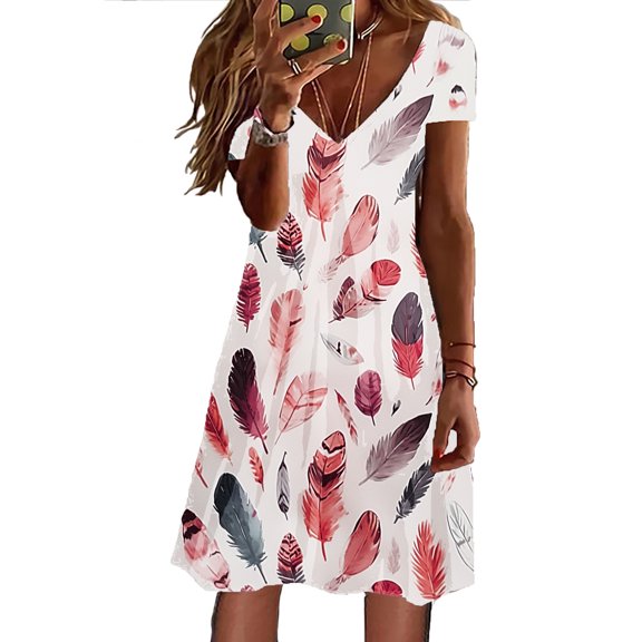 Women's Summer Casual Dress 2025 V Neck Short Sleeve Loose Swing with Pockets Floral Plain Print Beach Boho Womens Casual Trendy Midi Dresses
