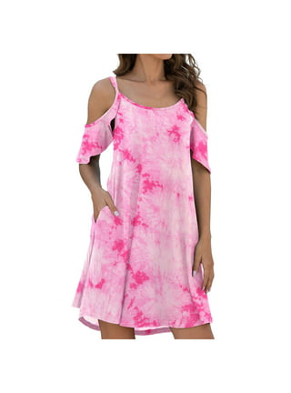 nsendm Summer Dress Sundress Mini Dress Neckline Sleeve Print Pleated  Women's Women's Dress Mature Womens Dresses Dress Hot Pink XX-Large