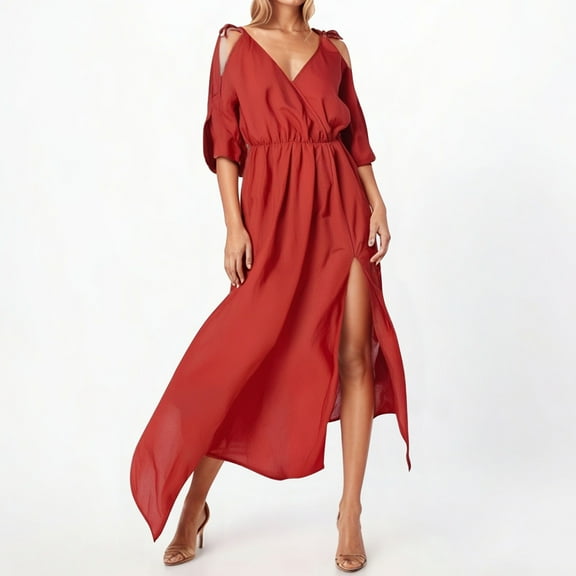 Women's Summer Casual Dress Comfortable Flowy Everyday Wear Pure Color Versatile Necklace Styling Lightweight Breathable Fabric Maxi Dresses for Women Split Pocket Maxi Dresses for Women Maxi Beach