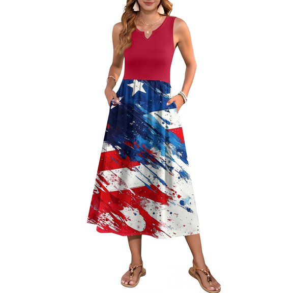 Women's Summer Casual Dress with Floral Independence Day Print, Sleeveless Loose Fit Beach Sundress, V-Neck and Pocket Design for Outdoor Events,White M