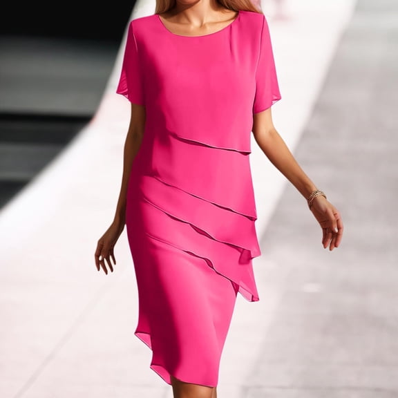 Women's Summer Casual Dress Flowy Chiffon Midi Tiered Round Neck Elegant Beach