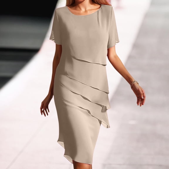 Women's Summer Casual Dress Flowy Chiffon Midi Tiered Round Neck Elegant Beach