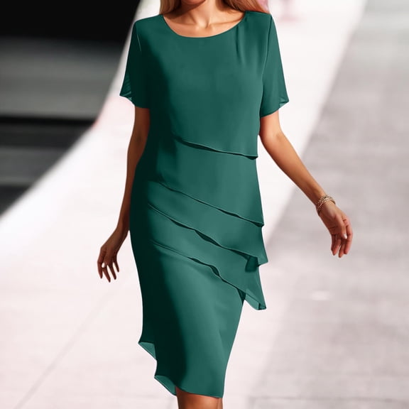 Women's Summer Casual Dress Flowy Chiffon Midi Tiered Round Neck Elegant Beach