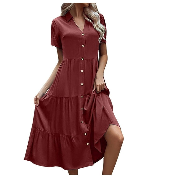 ZQUUVOU Women's Summer Casual Dress Lapel Callor Button Down Long Sleeve Tiered Dresses Burgundy