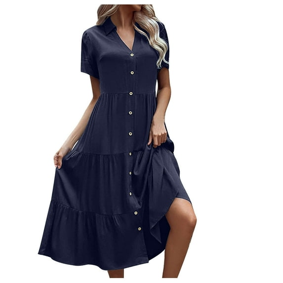 Women's Summer Casual Dress Lapel Callor Button Down Long Sleeve Tiered Dresses Navy