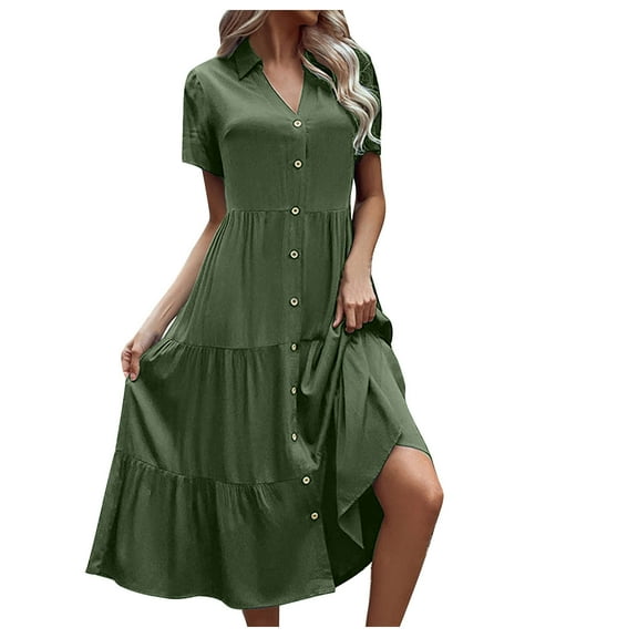 ZQUUVOU Women's Summer Casual Dress Lapel Callor Button Down Long Sleeve Tiered Dresses Olive Green