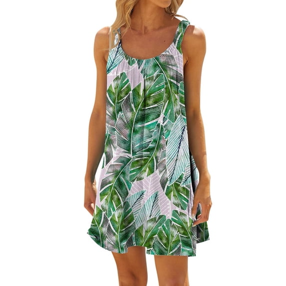 Women's Summer Casual Dress Leaf Print Pleated Sleeveless Shoulder Strap Beach Flowy Comfortable Lightweight Fashion Womens Casual Trendy Midi Dresses
