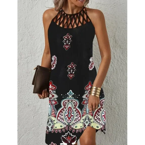 New Women's Summer Casual Dress Oversized Hollow Sleeveless Print Beach Mini Dresses Female Vintage Party Dress