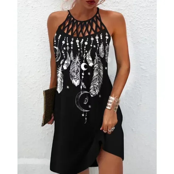 Women's Summer Casual Dress Oversized Hollow Sleeveless Print Beach Mini Dresses Female Vintage Party Dress