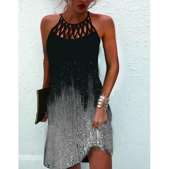 New Women's Summer Casual Dress Oversized Hollow Sleeveless Print Beach Mini Dresses Female Vintage Party Dress