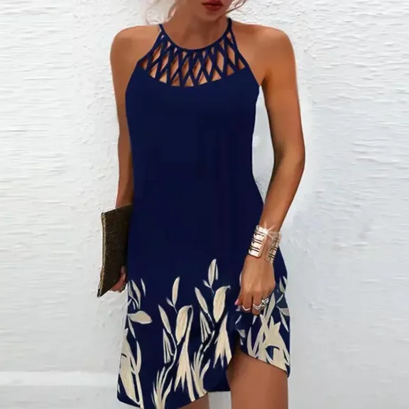 New Women's Summer Casual Dress Oversized Hollow Sleeveless Print Beach Mini Dresses Female Vintage Party Dress