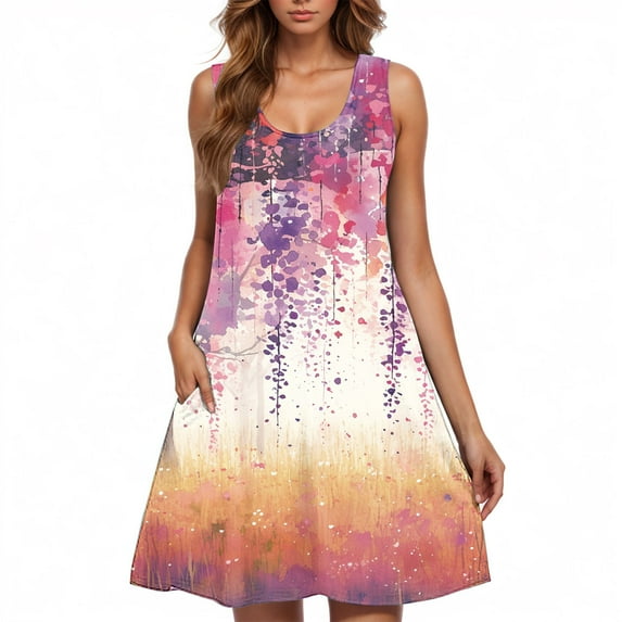 ZQUUVOU Women's Summer Casual Dress Plus-Size Sleeveless Crew Neck Printed Floar Dress Multicolor