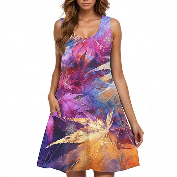 ZQUUVOU Women's Summer Casual Dress Plus-Size Sleeveless Crew Neck Printed Floar Dress Multicolor