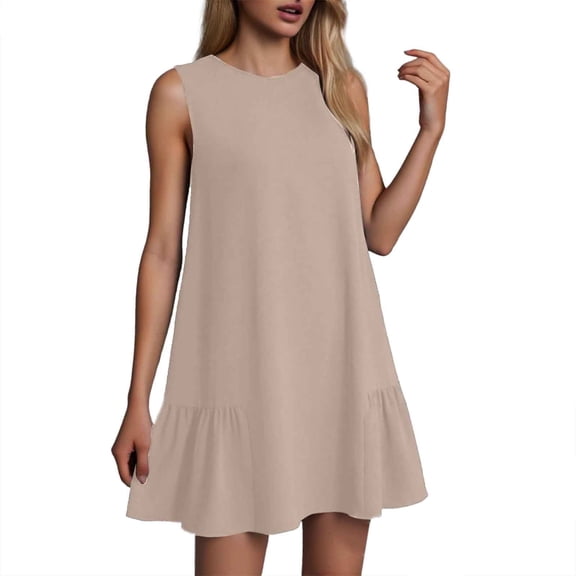 Women's Summer Casual Dress Round Neck Sleeveless Ruffle Tank A Line Beach Wear Comfortable Flowy Outfit Womens Casual Trendy Midi Dresses