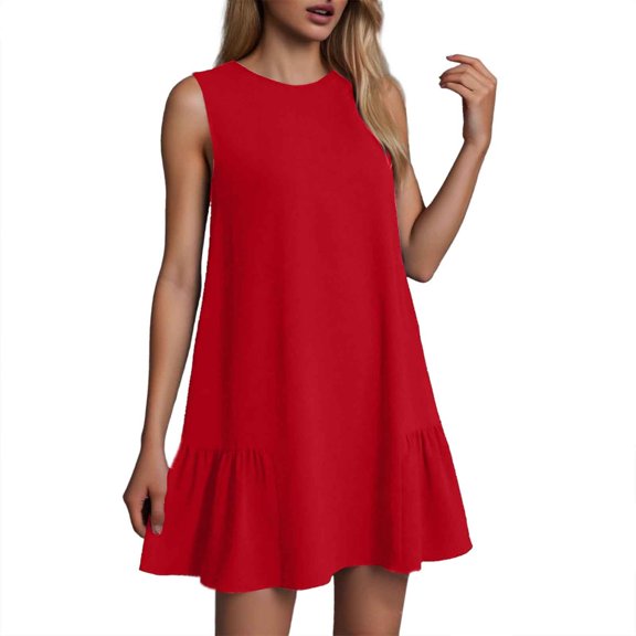 Women's Summer Casual Dress Round Neck Sleeveless Ruffle Tank A Line Beach Wear Comfortable Flowy Outfit Womens Casual Trendy Midi Dresses