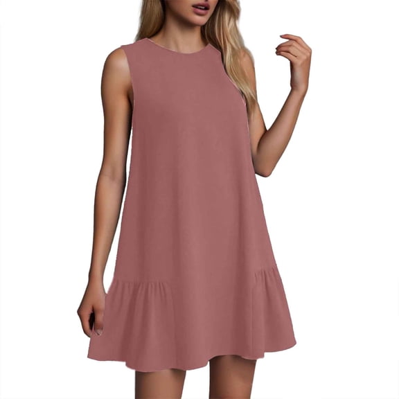 Women's Summer Casual Dress Round Neck Sleeveless Ruffle Tank A Line Beach Wear Comfortable Flowy Outfit Womens Casual Trendy Midi Dresses