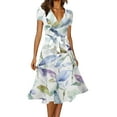 thumbnail image 1 of Women's Summer Casual Dress Short Sleeve Casual Elegant Solid V Neck Flower Print Strap Belt Dresses, 1 of 4