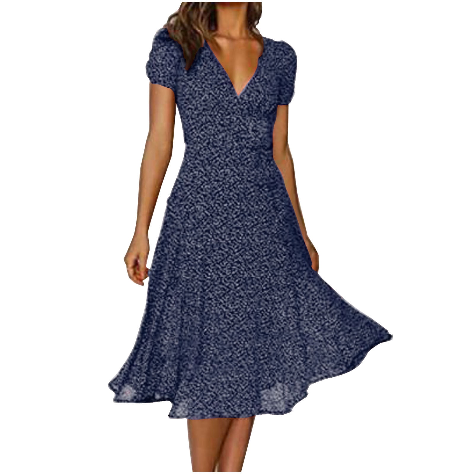 LowProfile Women's Summer Casual Dress Short Sleeve Casual V Neck Solid Polka Dot Print Lace Up Tie Dresses, Size: XL, Blue