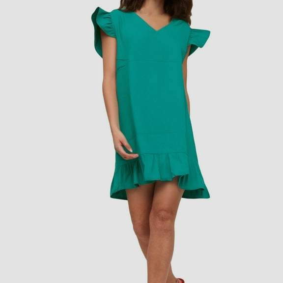 Women's Summer Casual Dress V Neck Flutter Sleeve Ruffle Hem Comfortable Breathable Flowy Party Vacation Everyday Wear T Shirt Dress for Women Casual Tummy Hiding Dresses for Women Flare Midi Dress