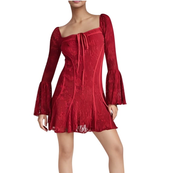 ZQUUVOU Women's Summer Casual Dress V-Neck Long Sleeve Short Dress Red