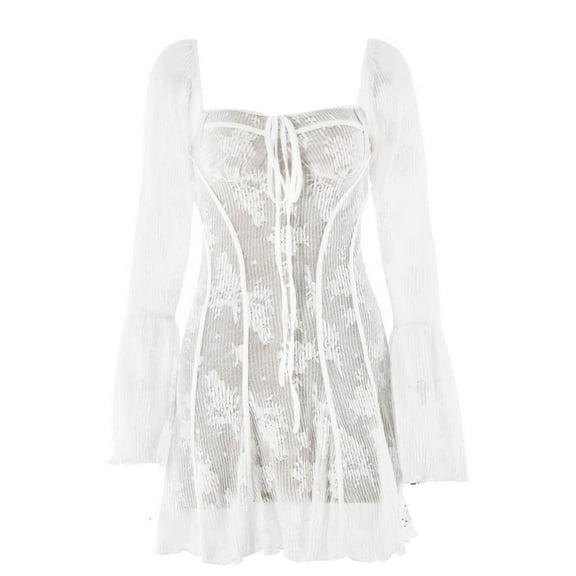 ZQUUVOU Women's Summer Casual Dress V-Neck Long Sleeve Short Dress White