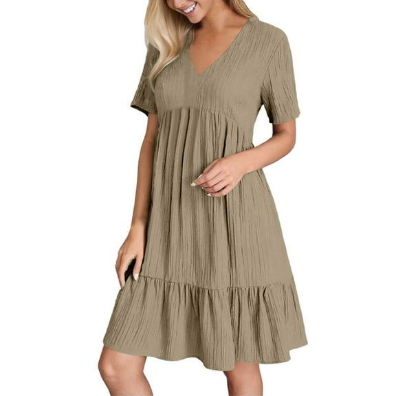 Women's Summer Casual Dress V Neck Short Sleeve Flowy Swing Midi Beach Dress Solid Color Button Shirt Dress 2025 Womens Casual Trendy Midi Dresses