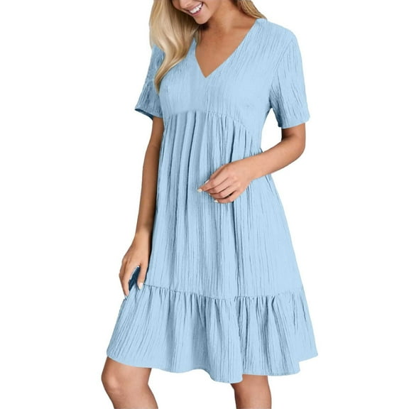 Women's Summer Casual Dress V Neck Short Sleeve Flowy Swing Midi Beach Dress Solid Color Button Shirt Dress 2025 Womens Casual Trendy Midi Dresses