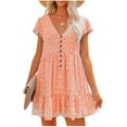 thumbnail image 1 of Women's Summer Casual Dress V Neck Short Sleeve Loose Flowy Floral Swing Shift Mini Dress, 1 of 6