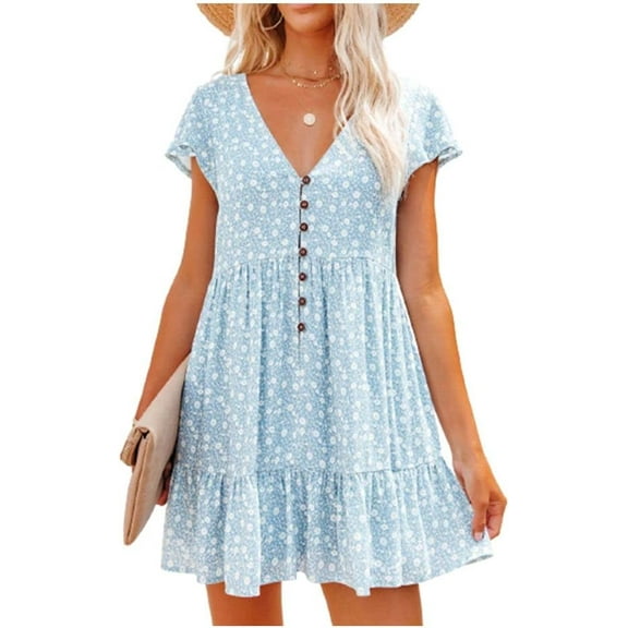 Women's Summer Casual Dress V Neck Short Sleeve Loose Flowy Floral Swing Shift Mini Dress