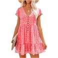 thumbnail image 1 of Women's Summer Casual Dress V Neck Short Sleeve Loose Flowy Floral Swing Shift Mini Dress, 1 of 7