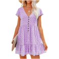 thumbnail image 1 of Women's Summer Casual Dress V Neck Short Sleeve Loose Flowy Floral Swing Shift Mini Dress, 1 of 6