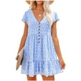 thumbnail image 1 of Women's Summer Casual Dress V Neck Short Sleeve Loose Flowy Floral Swing Shift Mini Dress, 1 of 6