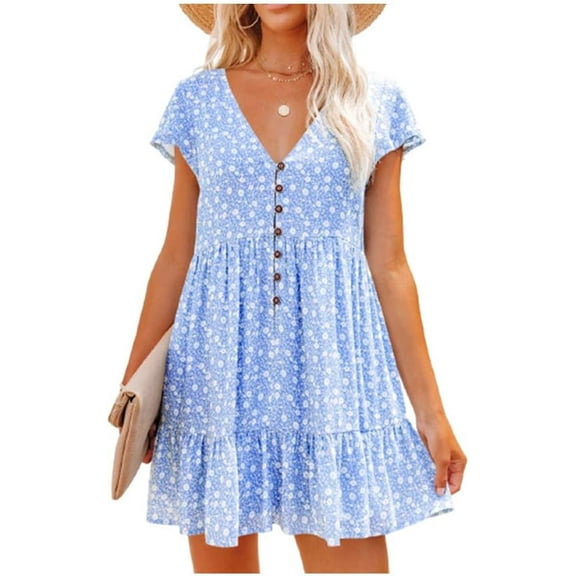 Women's Summer Casual Dress V Neck Short Sleeve Loose Flowy Floral Swing Shift Mini Dress