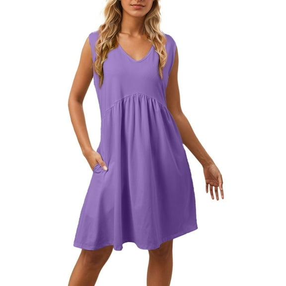 Women's Summer Casual Dress V Neck Sleeveless Side Pockets Comfortable Daily Wear Solid Color Flowy Midi Dress For Outing