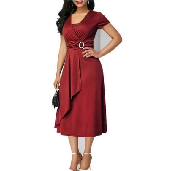 Women's Summer Casual Dress Wrap Short Sleeve Semi-Formal Ruffle Hem Ladies Dress for Wedding Guest