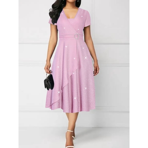 Women's Summer Casual Dress Wrap Short Sleeve Semi-Formal Ruffle Hem Ladies Dress for Wedding Guest