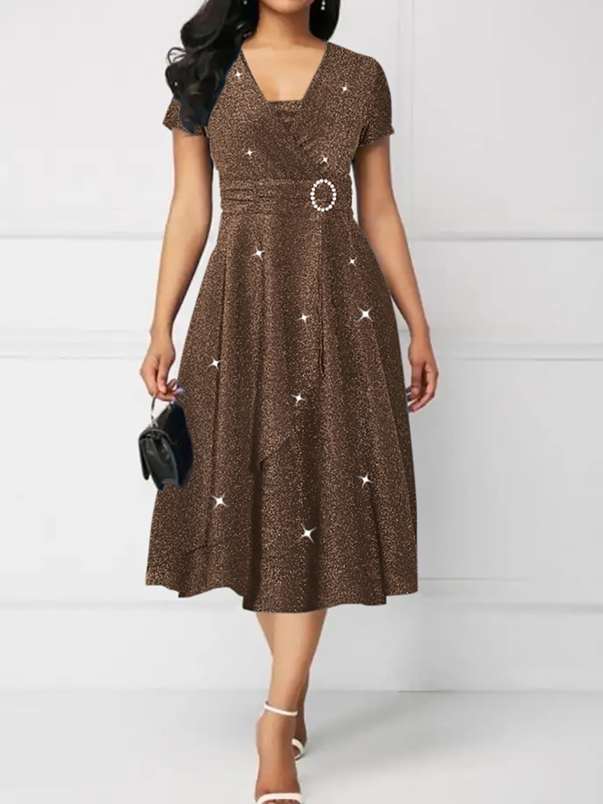 Women's Summer Casual Dress Wrap Short Sleeve Semi-Formal Ruffle Hem Ladies  Dress for Wedding Guest