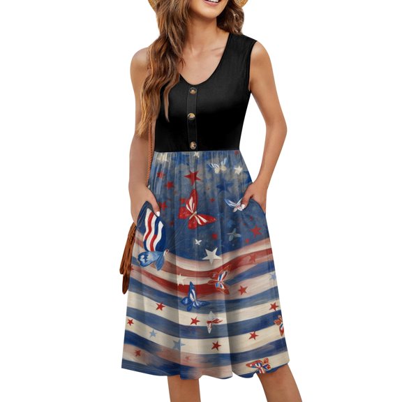 Women's Summer Casual Dress with Pockets, Sleeveless Sundress Featuring Independence Day Print, Stylish Apparel for Outdoor Adventures,Deep Red XL