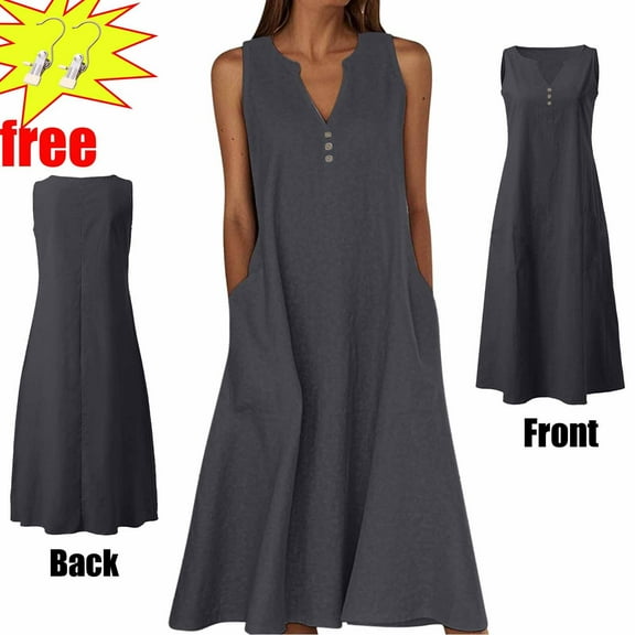 Women's Summer Casual Dresses 2025 Summer Casual Sleeveless Long Dress Dresses V-Neck Party Dress with Pockets(13 Colors),Black ,Size S