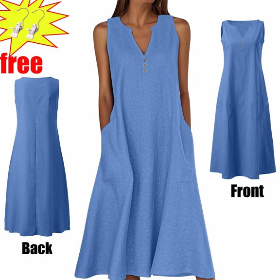 Women's Summer Casual Dresses 2025 Summer Casual Sleeveless Long Dress Dresses V-Neck Party Dress with Pockets(13 Colors),Blue ,Size S