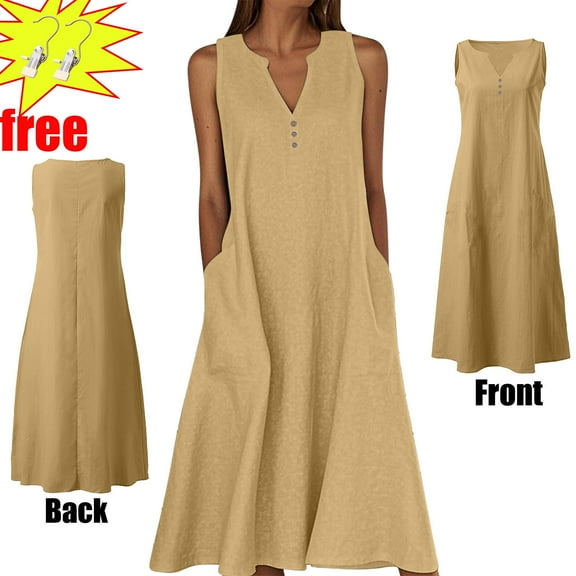 Women's Summer Casual Dresses 2025 Summer Casual Sleeveless Long Dress Dresses V-Neck Party Dress with Pockets(13 Colors),Yellow ,Size M